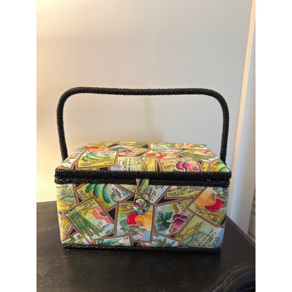 Vintage Sewing Basket Vegetable Seed Packet Print Wicker Handle Organizer